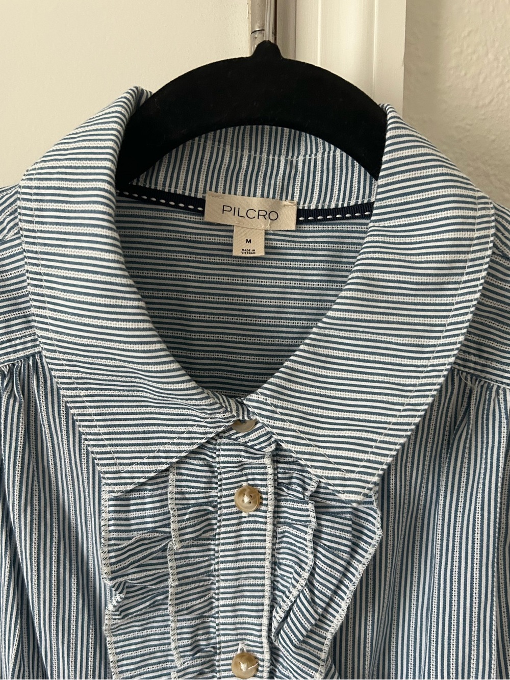 Anthropologie Pilcro Blue Striped Ruffle-Trim Button Front Shirt Top Blouse - Picture 11 of 12